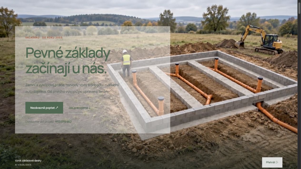 Úvod webu Zemní práce Valmez s vizualizací stavby základové desky.